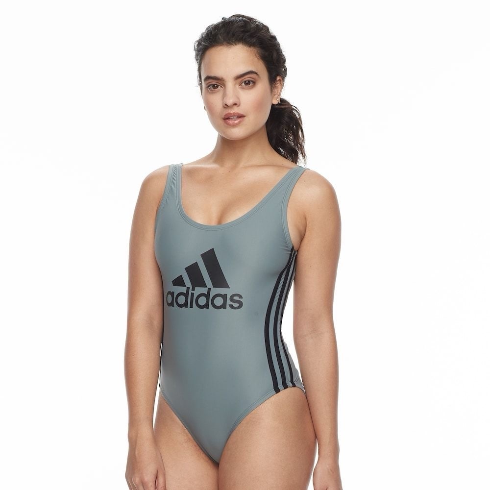 Adidas Core Solid Logo Stripe One Piece Swimsuit in Grey/Black